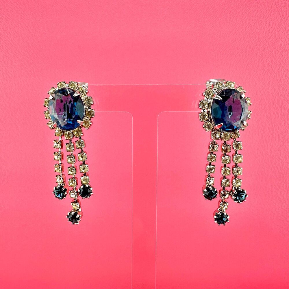Vintage Rhinestone Earrings Blue Oval Dangle Drop Clear Cup Chain Prong Set